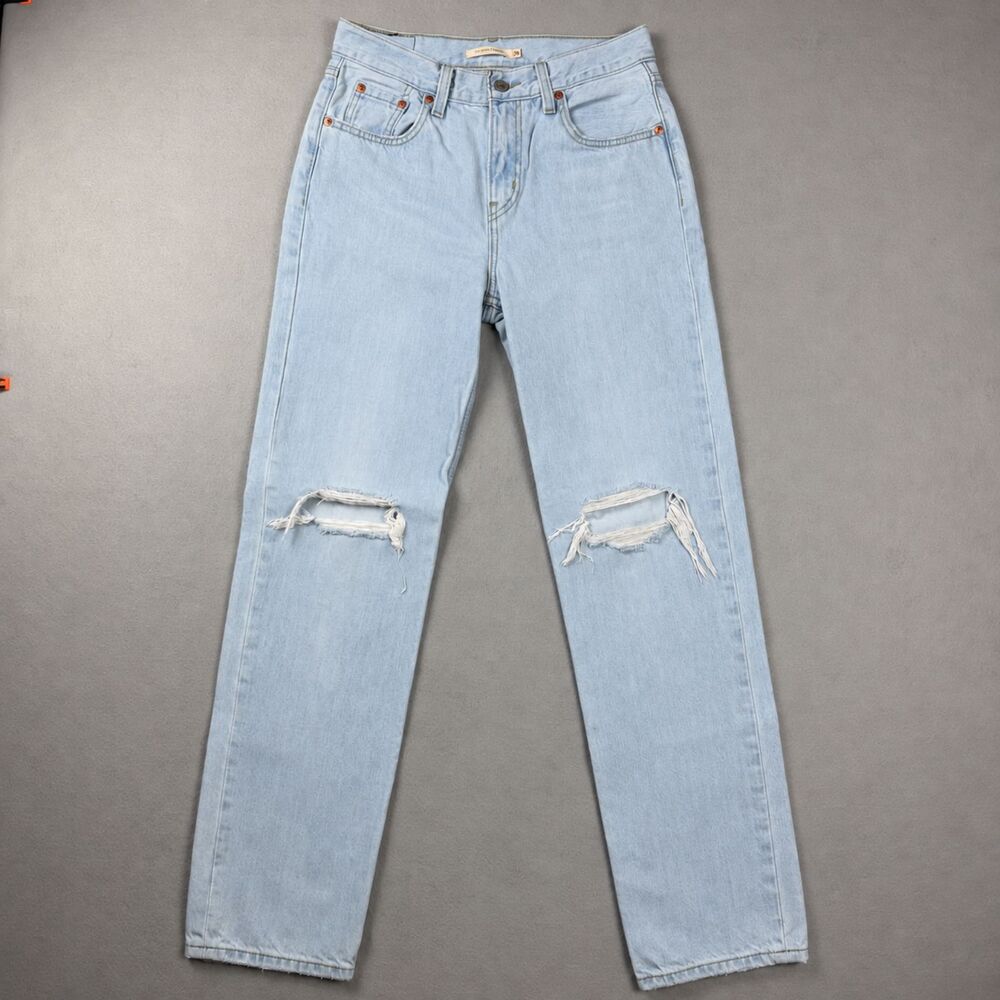 Levis Y2K Low Pro Straight Jeans Womens 26 Light Wash Distressed Ripped Knee